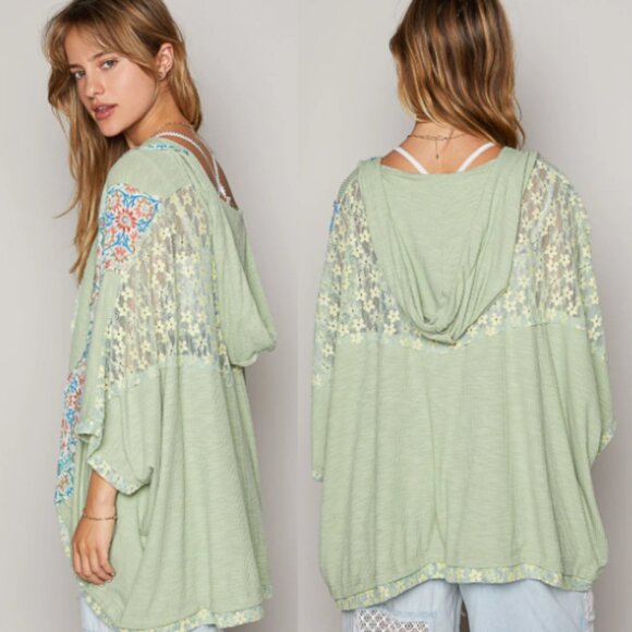 POL Oversized Peace Sign Patch Hooded Top in Sage/Yellow NWT - Picture 2 of 2